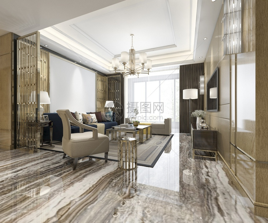 用餐3d提供豪华的经典客厅配有大理石瓷砖和书架扶手椅家图片