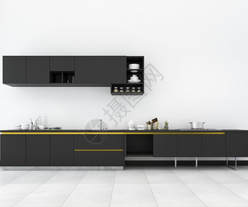 黑色和浅褐色鸭墙嘲笑柜台3d在阁楼设计中提供最起码的厨房和旧式设计图片