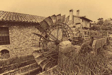 车轮绿色老的旧水车轮现代风格图片添加谷物以产生旧照片效果图片