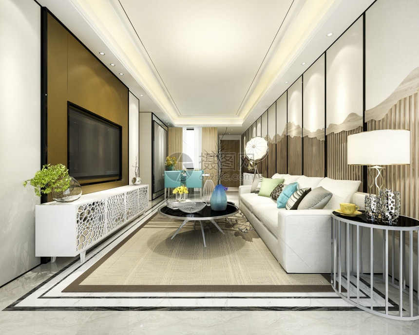 室内的3d提供现代餐厅和厨房配有豪华装饰的客厅活器具图片