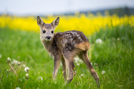 草地中年轻的野生小鹿卡普雷奥勒斯角鹿新出生的红野春天自然卷柏新生场地图片