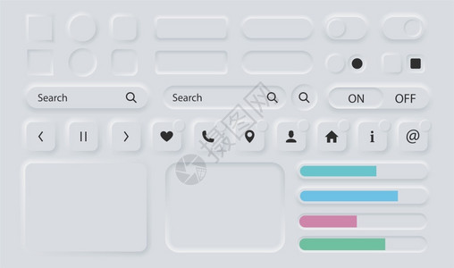新都桂湖桂用户界面元素新形态设计风格的白色按钮带有阴影3d按钮集合用于应程序中的ui导航新形态时尚设计元素在背景上隔离矢量插图用户界面元设计图片