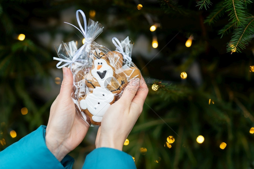 包装喜悦一个女孩在新年前夕和203年圣诞节前夕在街上拿着饼干背景是花环幸福图片
