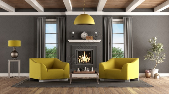 黄色木头家具公寓硬木配有壁炉现代黄色扶手椅和咖啡桌上棋盘的经典客厅3D配有壁炉和现代家具的经典客厅黄色设计图片