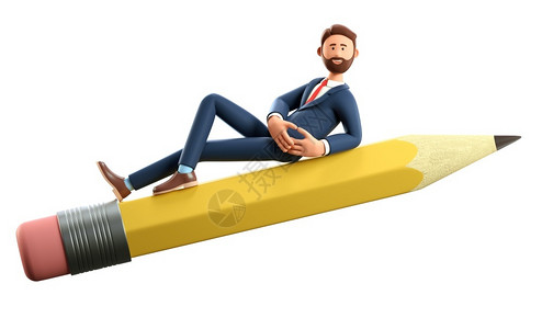 巨在这里办公室3D插图笑的创意人躺在一根大铅笔上在空中飞翔卡通胡须商人在巨笔上创造新想法孤立在白色背景上新的空气设计图片