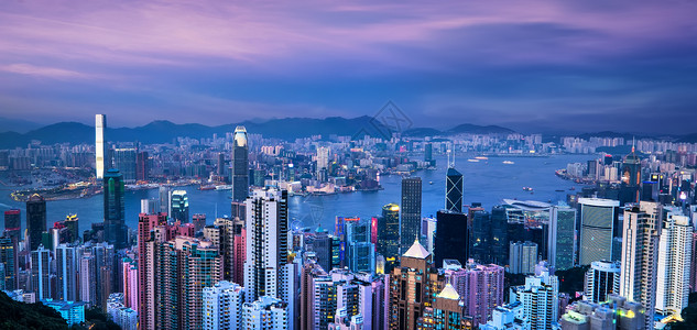 现代的灯当日落时香港天线和维多利亚港的空中观视全景旅游目的地图片