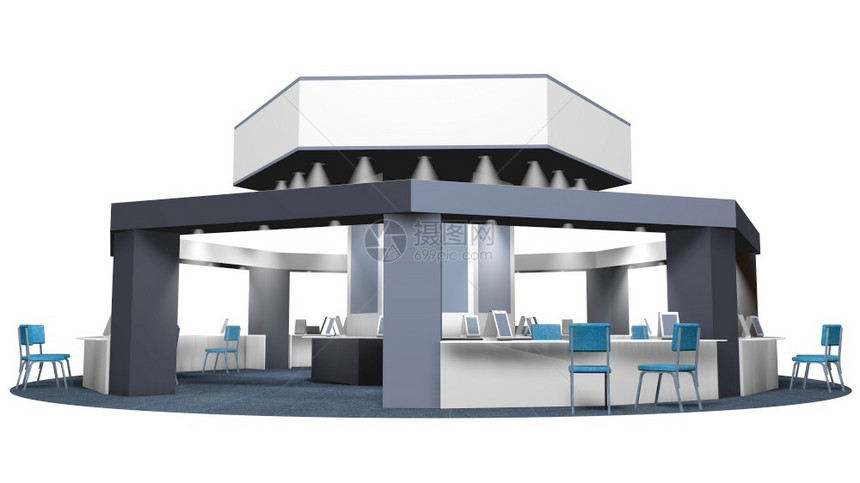 白色的建筑学在八角博览会上销售的3D平台模型在圆周地毯上为顾客和供应商提椅子白底灰色的摊位白底灰色宣传空间3D广告图片