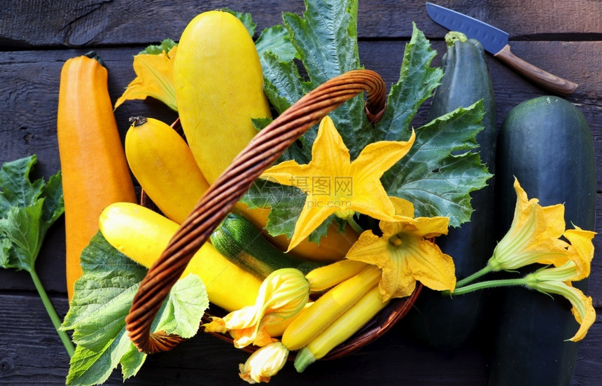 生物南瓜在Zucchini篮子中新鲜的苏克希尼和老生木板上的鲜花在老生木板上新鲜的祖奇尼和老生木板上的鲜花头图片