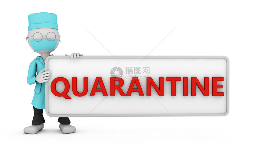 流行病一个蒙面医生拿着一个标牌上面写着QUARANTINE3D的字眼卡通片疾病图片