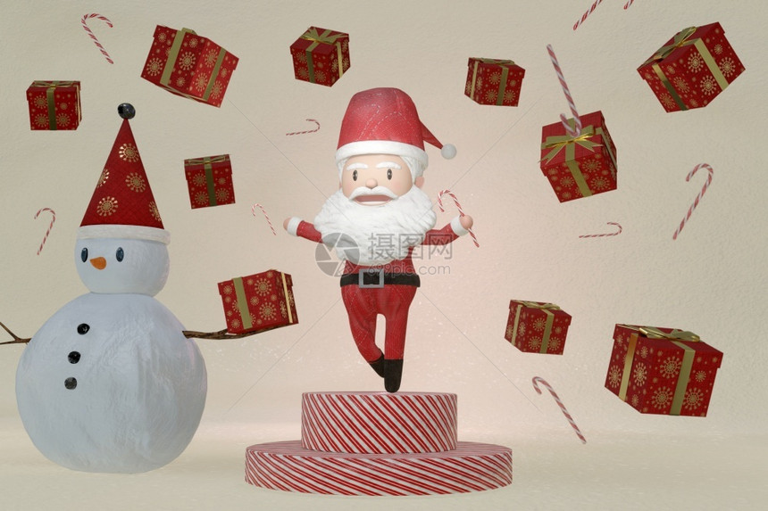 舞蹈3D发音一个快乐的圣诞老人和雪跳舞在棕色ICE背景圣诞概念肖像庆典图片