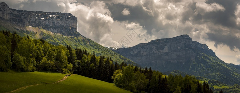 水平的绿草地与通往远山之路的青草原在阿尔卑斯山脉有很多树木小路摄影图片