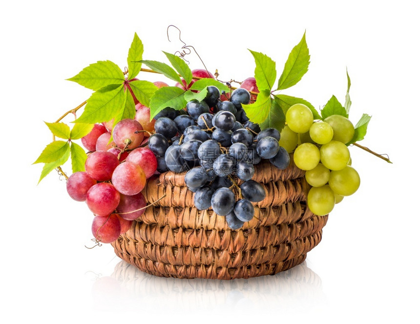 葡萄园生的新鲜装满一篮熟葡萄的韦克篮子孤立在白色背景上堆满了葡萄的篮子图片