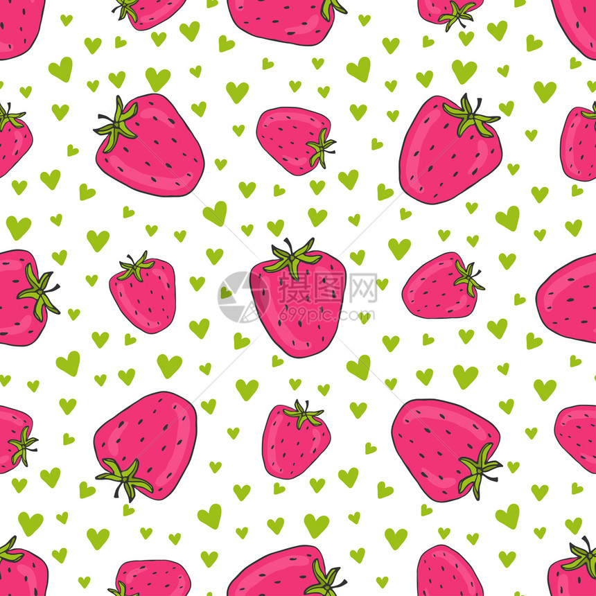 有机的时髦无缝图案与粉红色草莓矢量印花与心形背景纺织和包装设计无缝图案与粉红色草莓矢量印花与心形背景纺织和包装设计手图片