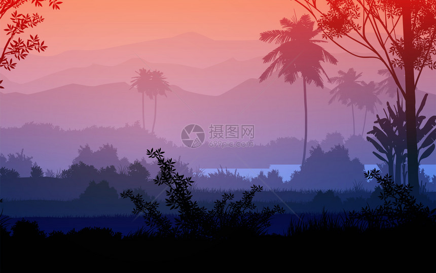 日出和落晚夕树木山丘的浅影树木和山丘的背影风日月亮和落时的花边壁纸说明矢量风格森林椰子晚上图片