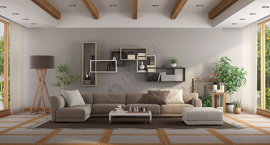 当代的渲染居住拥有沙发和背景书架的大小客厅3D制成大小客厅图片