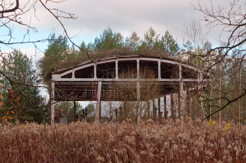 衰变废弃的机库树林中旧废弃建筑树林中的旧废弃建筑的机库具体内部图片