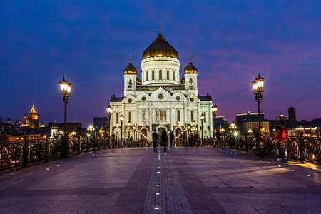 正统旅游寺庙基督救主大桥和教堂晚间救主俄罗斯莫科图片