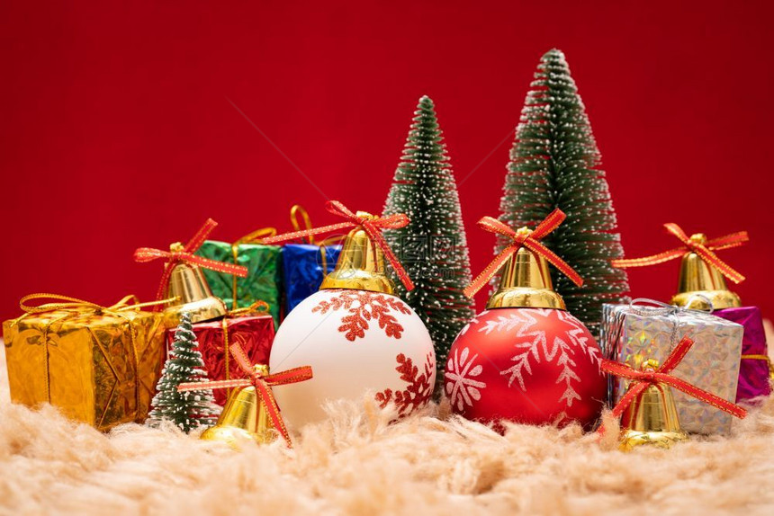 松树展示圣诞节背景概念圣诞礼物盒和树有金铃松锥红底球和白的色庆典图片