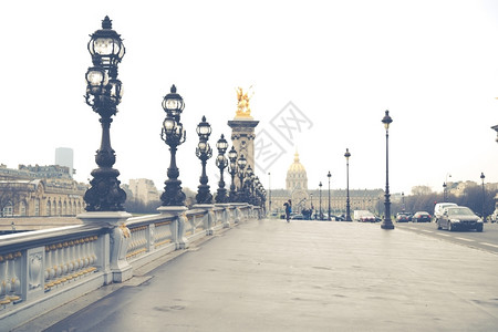 旅游的亚历山大三世桥和巴黎塞纳河底的下中心早晨图片