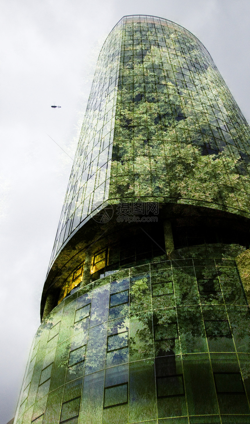 绿色城市红绿森林和现代摩天大楼窗户的双重技术首都接触图片