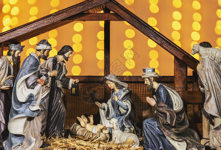 贤士假期圣经婴儿诞马术场景包括玛丽约瑟夫绵羊和大象等雕像背景