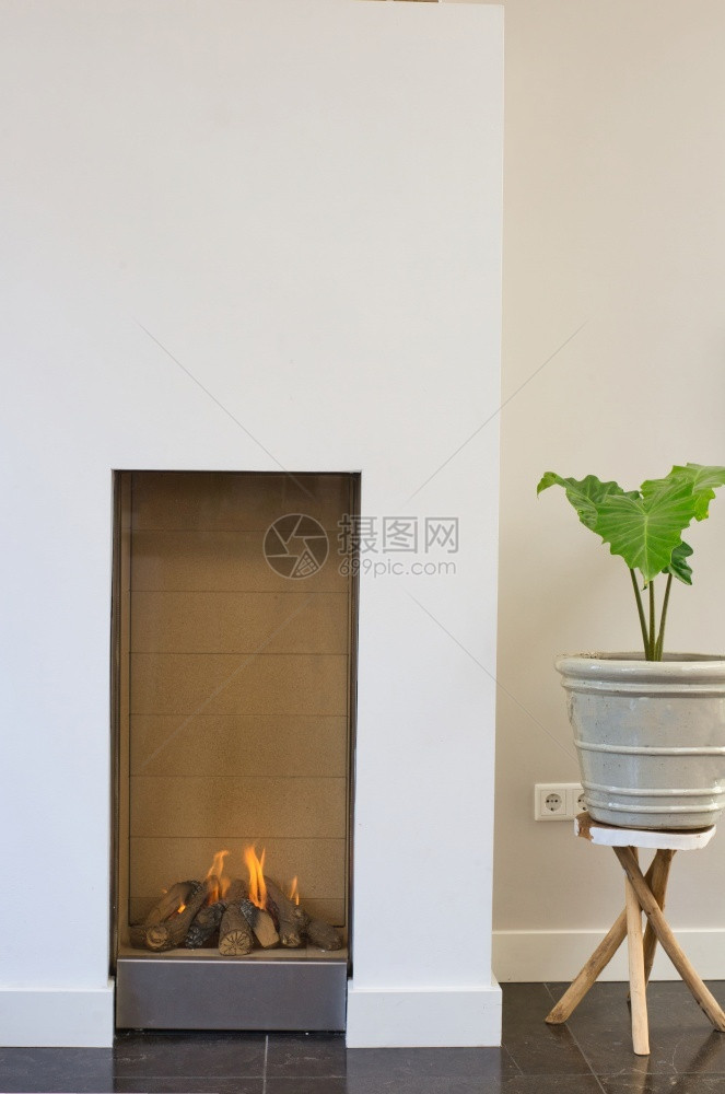 白色现代装饰电壁炉与美丽的燃烧火焰室内与温植物在现代豪华房间特写室内与温植物在现代豪华房间明亮的温暖墙图片