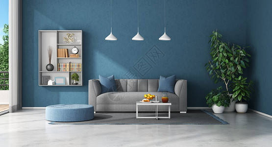 灰色银河货架房间现代的蓝色墙上有沙发和书架的最小客厅3D为蓝色客厅有沙发和书架渲染设计图片