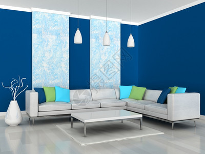 舒适现代房间蓝墙和白色沙发的内部建筑学艺术图片