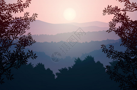 新鲜的远足公园日出和落的山丘风色壁纸说明矢量风格彩色视图背景示图片