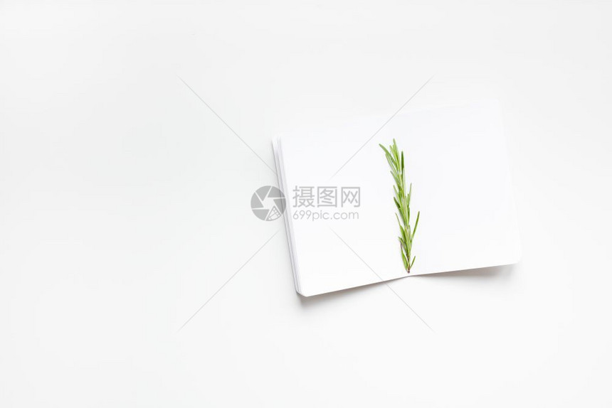 空的嘲笑卡片白色背景的空笔记本页模拟文空间邀请卡配有迷玫瑰树twig菜单或配食谱书饭材料的食品博客设计图片