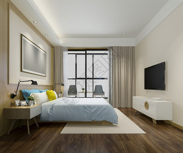 桌子3d使木柴的风格最小多彩的卧室玻璃窗户图片