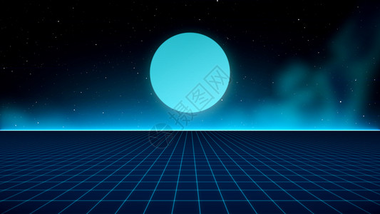 蓝色适合纹样80年代适合以1980年代风格设计的数字网络地面景观的反转式SciFi背景未来地貌网格激光镜片闪亮的设计图片