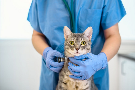 兽医正在用听诊器检查一只灰猫背景图片