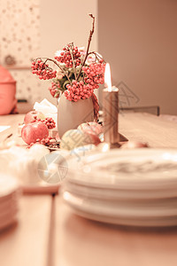 圣诞感恩节晚宴秋桌装饰带蜡烛红莓和苹果的温暖自然风味柔软红色装饰图片