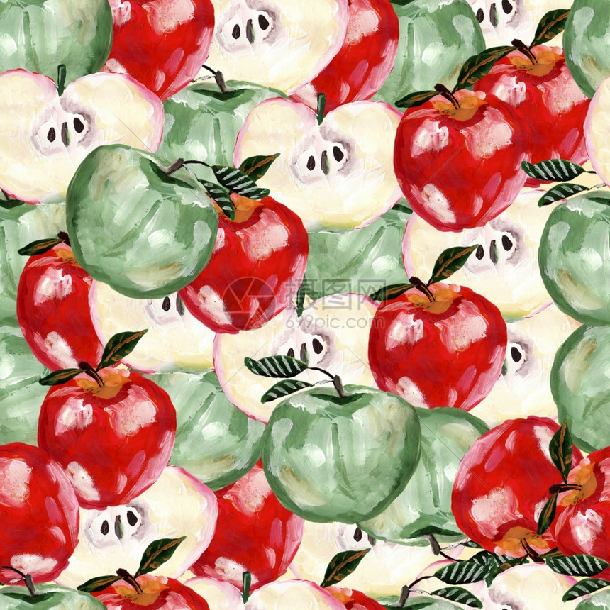 打印自然绿色红和切片苹果无缝图案重复苹果和叶子水背景用于设计织物印刷纺品壁纸海报绿色红和切片苹果无缝图案艺术图片