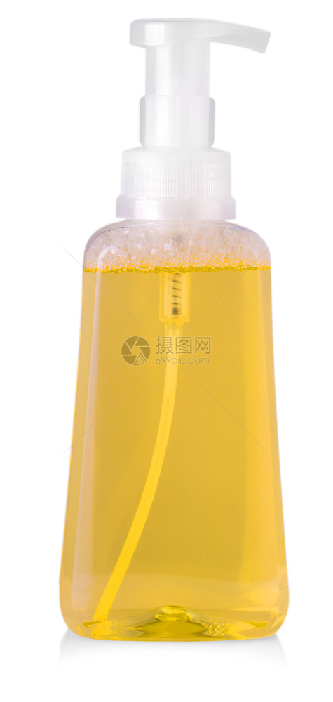 消毒剂关心含液体洗衣涤剂清洁漂白脱色或织物软化器的橙色塑料瓶白底隔离明亮的图片