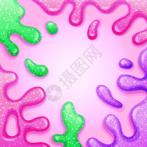 史莱姆具有粉色和绿喷洒的多彩背景闪光细黏液滴滑纹理矢量插图带有粉色紫和绿喷洒的彩平方粉背景胶水少女的卡通片设计图片