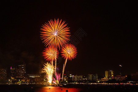 焰火派对夜间城市观赏庆祝节日背景的烟花色彩多河图片