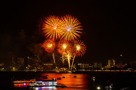 潘皮萨尔夜间城市观赏庆祝节日背景的烟花色彩多河爆裂生动设计图片