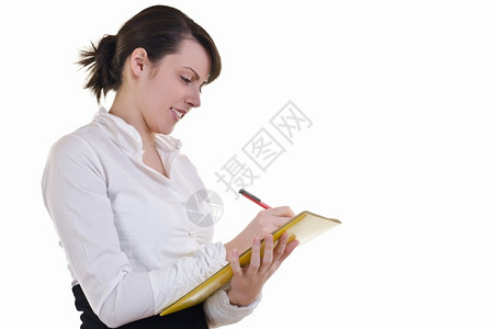 快乐商业女在文件夹上写作的肖像员工快乐的某物图片