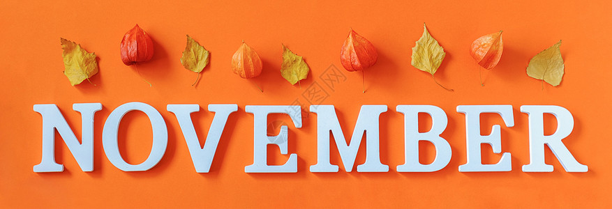 11月英文字母和秋叶背景图片