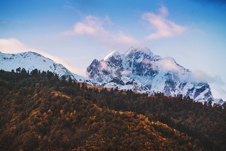 森林格鲁吉亚梅斯蒂瓦涅佩克乌什巴峰Svaneti雪调色图片