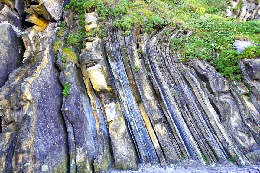 地点岩层质佛板LaConcha海滩SanSebastianGuipuzcoa巴斯克西班牙欧洲矿物旅游的图片