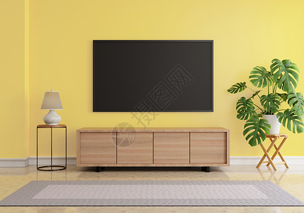 植物电视模拟黄色墙壁木板桌灯和大理石地板建筑和内部概念3D插图的灰色地毯以黄墙Forforma工厂和桌子灯以及大理石地板建筑和内背景图片