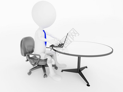 使成为男人商坐在办公椅子上桌用笔记本电脑坐着的3个D级商务男子人物图片