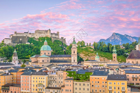 城市老的奥地利日落夏天萨尔茨堡市际的美景莫扎特图片