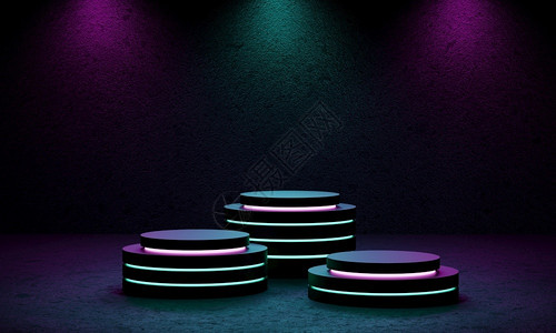 三防灯派对黑暗的渲染Cyberpunk产品讲台平演播室配有蓝色和紫聚光灯闪风格的文本背景三阶段回溯和未来场景概念3D插图设计图片