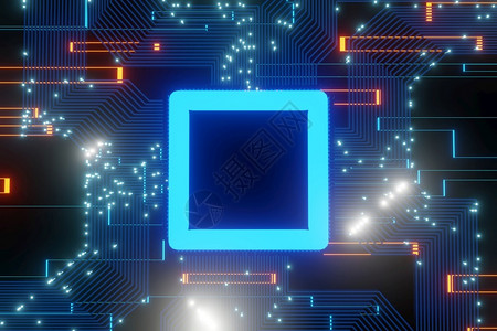抽象的蓝色中央处理器3D光底三维投影中母板闪光背景的数据流动情况图片