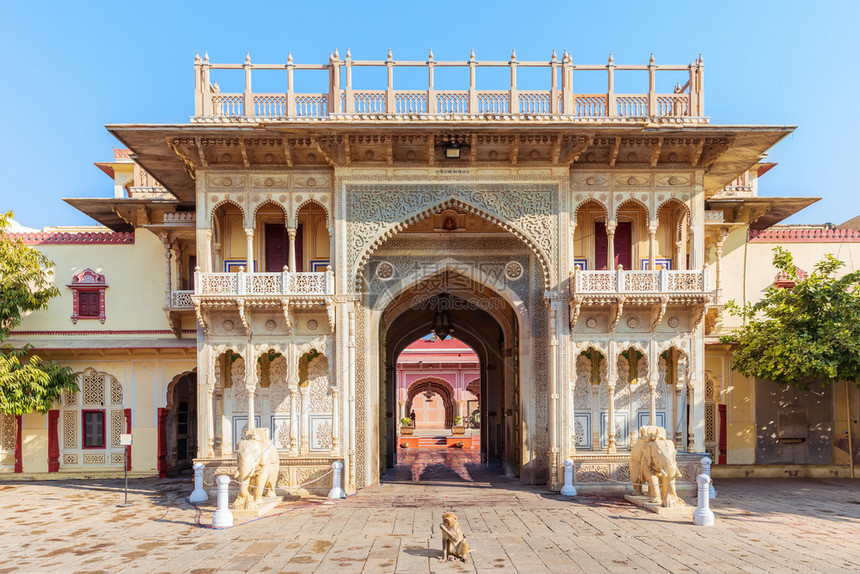 泰姬陵亚洲人印度斋浦尔城市宫殿看门和猴子印度看门和猴子亚洲图片