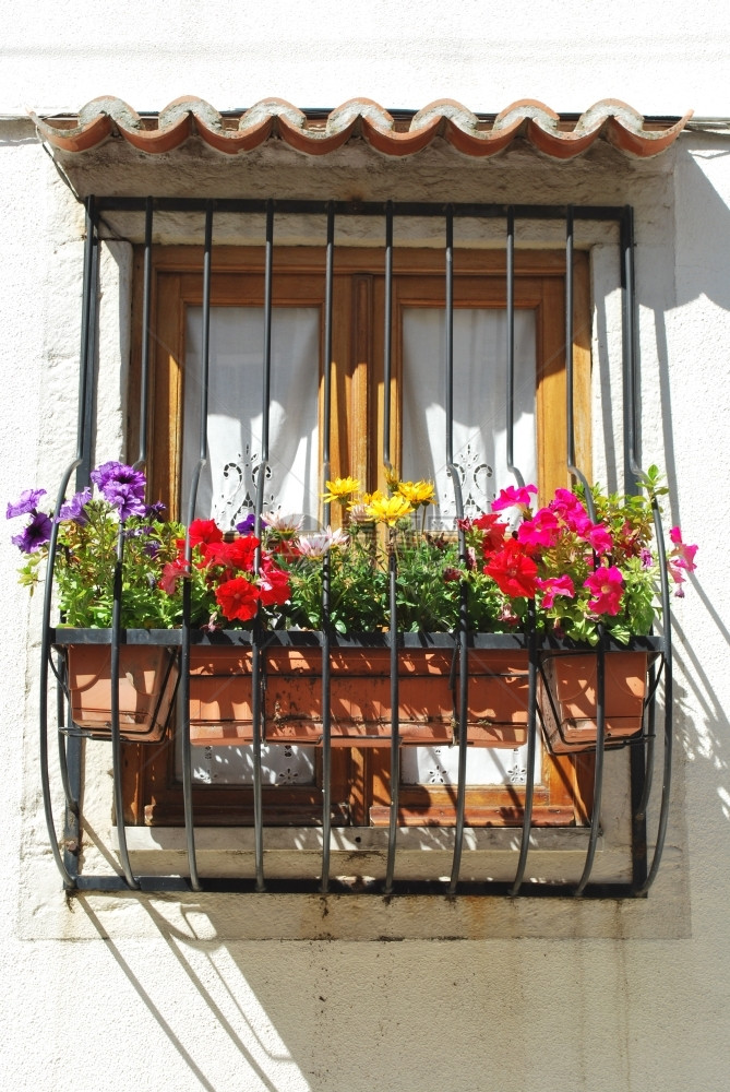 华丽的受保护一栋有花朵的住宅窗户大楼美丽和迷人的阳台带状疱疹图片